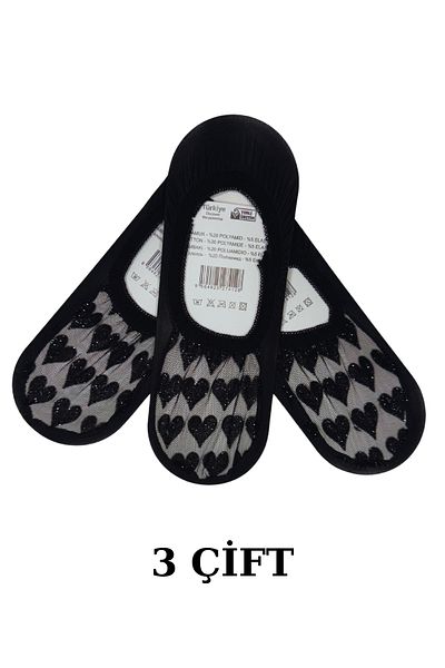PJ & Me Black Glitter Heart Detailed Tulle Set of 3 Women's Ballerina Socks