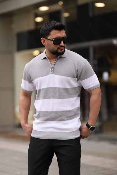 Trendseninle Πλεκτό μπλουζάκι Stone Grey με μισό φερμουάρ Polo γιακά ριγέ
