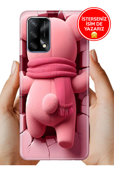 OPPO A74 4G Uyum Kılıf Desenli Rubber Kamera Korumalı Silikon Pink-Bear