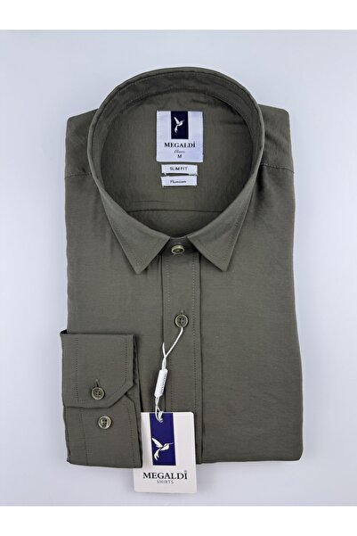 MEGALDİ Erkek Haki Yeşil Modal Özel Dokuma Uzun Kollu Yazlık Gömlek