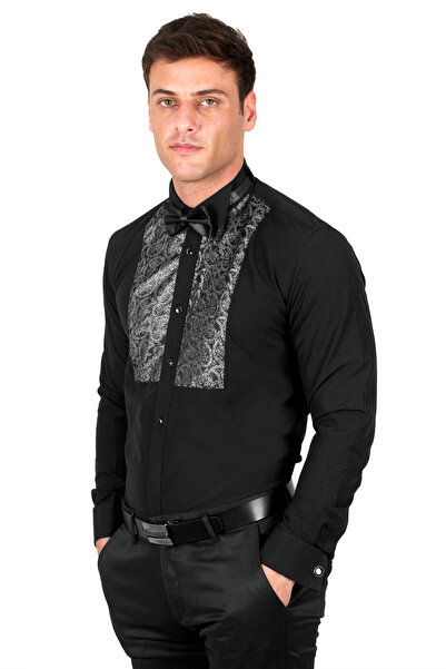 Rizz up Erkek Siyah Ata Yaka Kol Düğmeli Biyeli Damatlık Gömlek 2309478