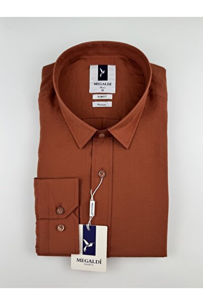 MEGALDİ Erkek Kiremit Modal Özel Dokuma Uzun Kollu Yazlık Gömlek