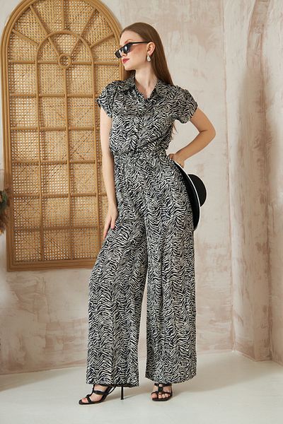 Yıldızistan Women's Pocket Elastic Waist Wide Leg Shirt Collar Short Sleeve Quality Satin Jumpsuit Black White3235320