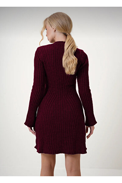 LUSHİGO Kadın Bordo Bisiklet yaka Kloş Mini Fitilli Kışlık Triko Elbise