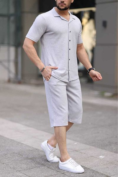 Trendseninle Men's Stone Gray Waffle Fabric Capri Shorts Shirt Set