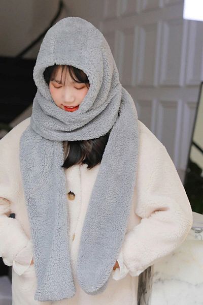 Bundera Gray Hooded Women's Plush Beret, Scarf, Neck Collar Shawl Windproof