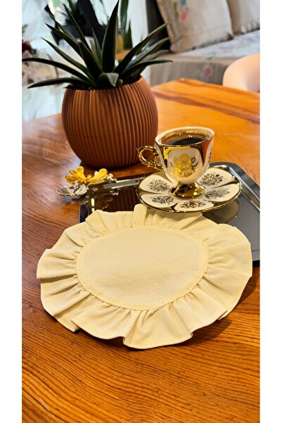Konyaaltı Çeyizevi Keten Krem Renk Kahve Yanı Kokteyl Peçetesi Bardak Altlığı 2'li Takım