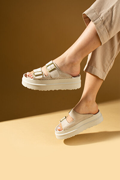 Pembe Potin Beige Suede Women's Thick Soled Double Banded Buckle Daily Comfortable Slippers