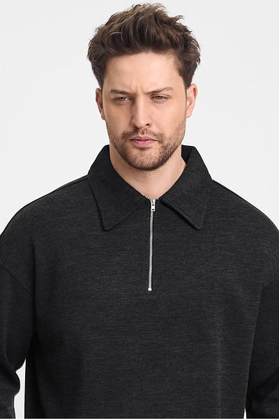 cotside Pique Fabric Men's Polo Neck Oversize Half Zipper Sweatshirt