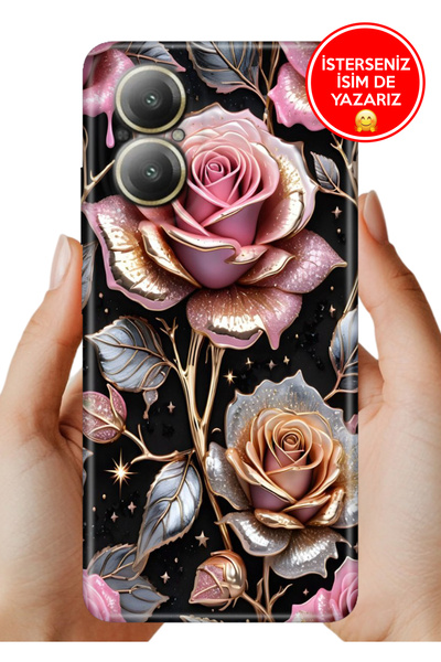 realme 12 Lite Kılıf Lüks Desenli Silikon Cover Case Kap Gold Gül
