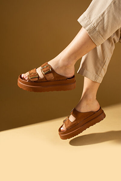 Pembe Potin Tan Suede Women's Thick Soled Double Banded Buckle Daily Comfortable Slippers