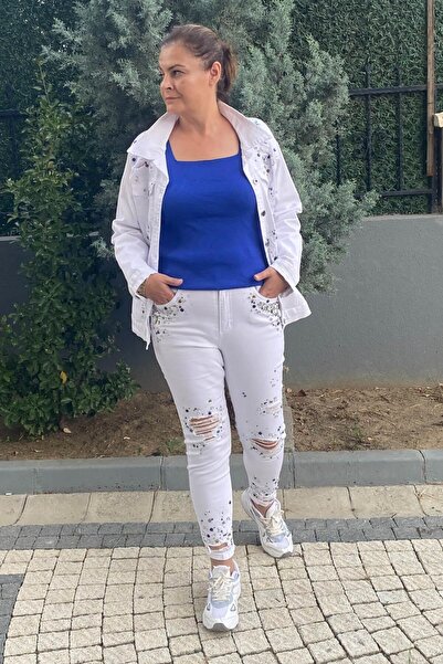 Mia Butik Plus Size Star Jean Suit White