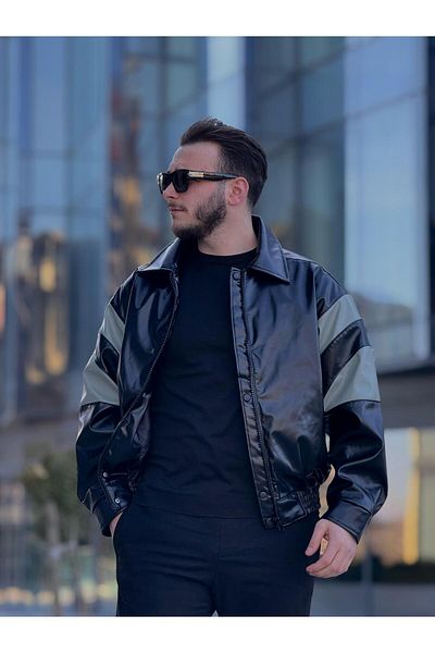 KINGAF Men's Leather Sleeve Garnish Jacket