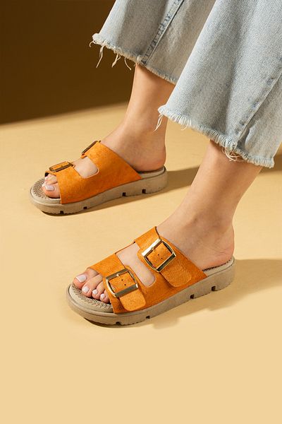 Pembe Potin Orange Suede Women's Orthopedic Sole Slippers Double Banded Buckle Daily Comfortable Slippers