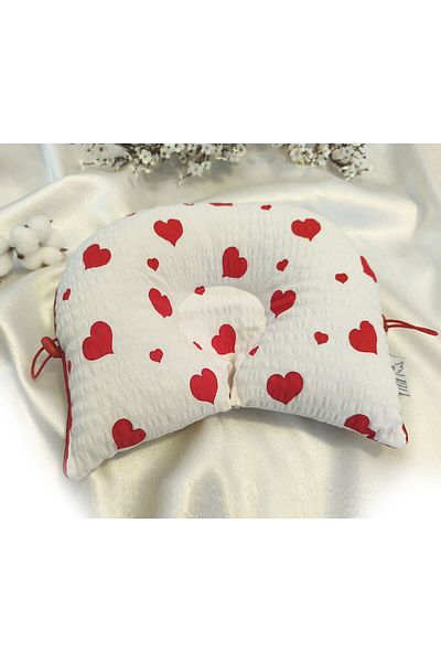 HALZEY Flat Head Pillow & Baby Pillow 100% Cotton, Antibacterial, Anti-Sweat, Red Heart Pattern