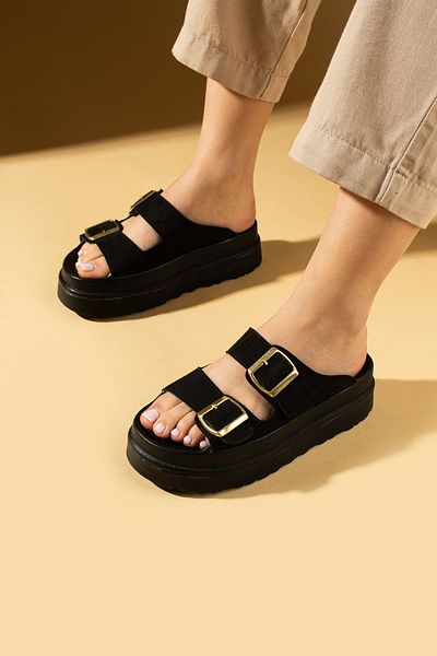 Pembe Potin Black Suede Women's Thick Soled Double Banded Buckle Daily Comfortable Slippers