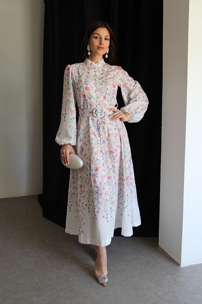 Julidress White Buttoned Stand Collar Patterned Belted Midi Length Premium Design Linen Dress