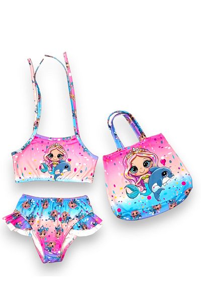 Lolliboomkids Girls Mermaid - Dolphin Print Pattern Bikini Set with Beach Bag 3 Pieces