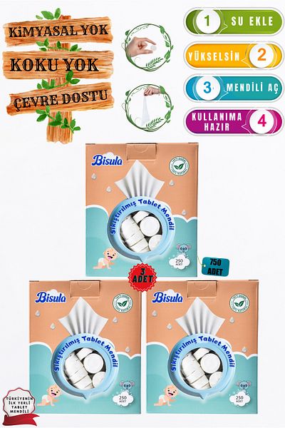 Bisula Compressed Tablet Wipes – Disposable Cleaning Cloth That Opens with Water (3Box 750 Pieces)
