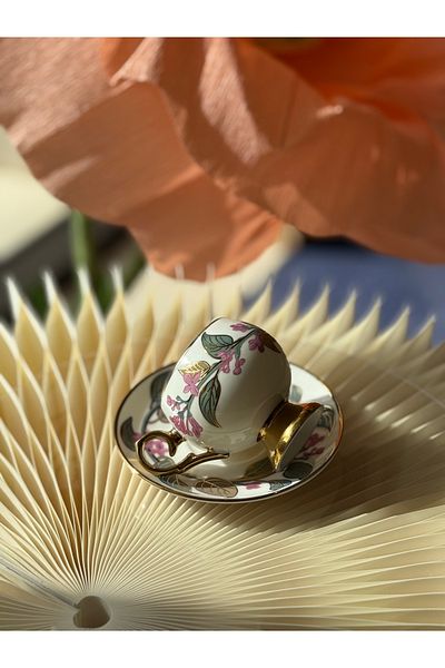 ACAR Set of 6 Pink Flower Gilded Chubby Porcelain Turkish Coffee Cup