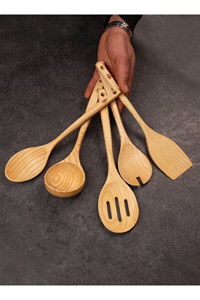 Handcraft Handmade Antique Sycamore Wood 6 Piece Wooden Spoon & Spatula Kitchen Set with Stand