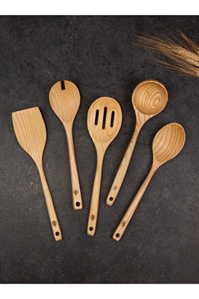 Handcraft Handmade Antique Sycamore Wood 6 Piece Wooden Spoon & Spatula Kitchen Set with Stand