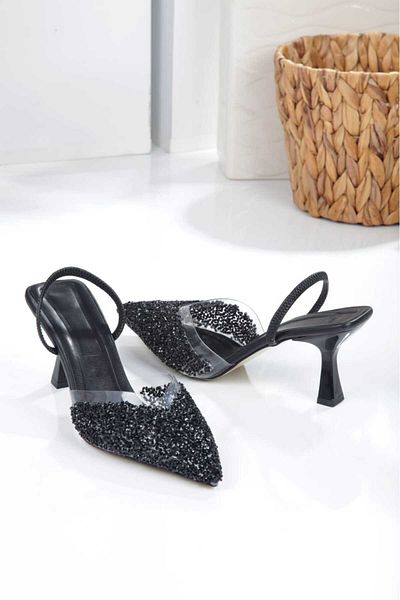 werfen Women's Crystal Stone Detailed Transparent Heeled Evening Dress Shoes
