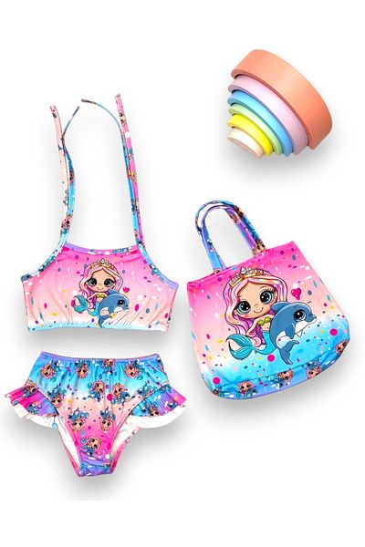 Lolliboomkids Girls Mermaid - Dolphin Print Pattern Bikini Set with Beach Bag 3 Pieces