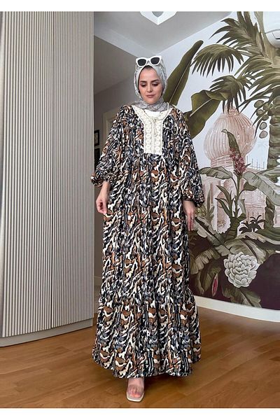 Aselim Hijap Moda Φόρεμα μπεζ-καφέ βαμβακερό λινό με φούντες