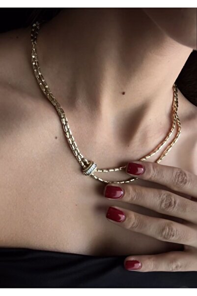 Niceboutique Premium Seri 2 Sıra Gold Kuyum İşçiliğinde Taşlı Kolye