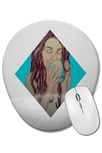 BASKI DÜNYASI Mouse Pad oval cu suport pentru încheietura mâinii Mulher Bebendo Em Sua Xicara Azul