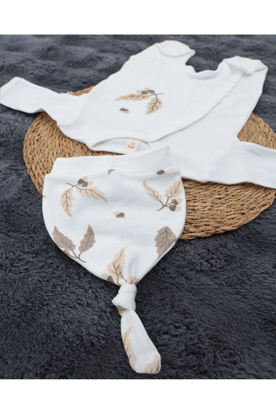 miracool Leaf Patterned Snap Fastener Baby Jumpsuit / 100% Cotton / Hat Newborn Jumpsuit