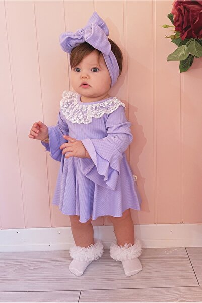 Jammybaby Violet Yaka Dantelli %100 Pamuk Kaşkorse Kız Bebek Elbise ve XL Çift Fiyonklu Bandana Takımı