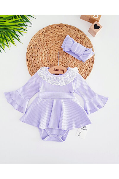 Jammybaby Violet Yaka Dantelli %100 Pamuk Kaşkorse Kız Bebek Elbise ve XL Çift Fiyonklu Bandana Takımı