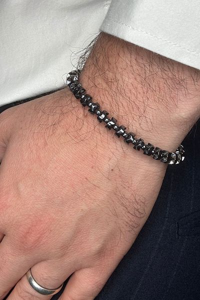 Leo'Stone Special Design Oval Cut Asymmetrical Hematite Stone Elevator Drawstring Adjustable Natural Stone Men's Bracelet