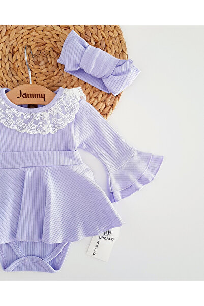 Jammybaby Violet Yaka Dantelli %100 Pamuk Kaşkorse Kız Bebek Elbise ve XL Çift Fiyonklu Bandana Takımı