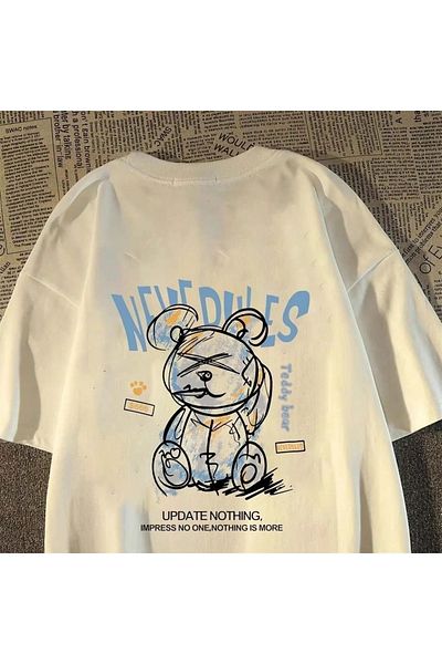 Gofeel Harajuku Street Cartoon Bear Print Detailed Unisex Short Sleeve T-Shirt
