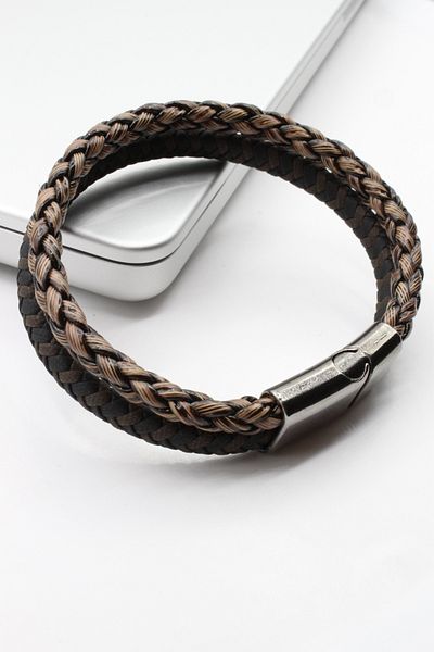 Leo'Stone Premium Series Wicker Weave Design 2-Piece Look Brown Genuine Leather Men's Bracelet