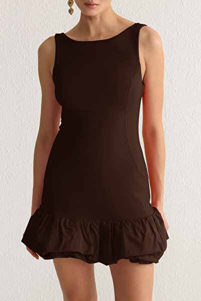 Trendyol Collection Hnědá balonová sukně Detailní vnitřní šortky Krátké večerní šaty s podšívkou Noční šaty TPRSS25EL00059