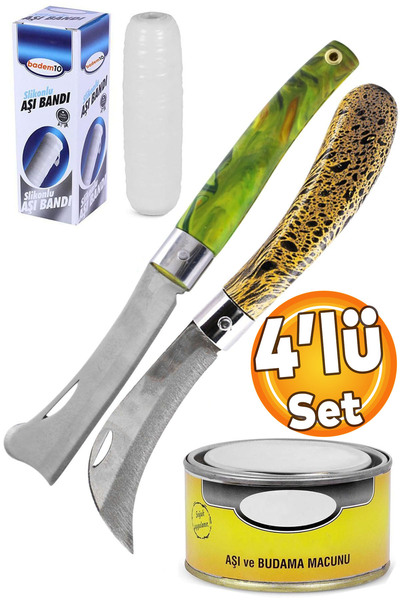 Badem10 (4'LÜ SET) Eğri Ve Düz Uçlu Aşı Bıçağı Bağ Bıçağı Çakısı Aşı Bandı Ağaç Aşılama Macunu Seti