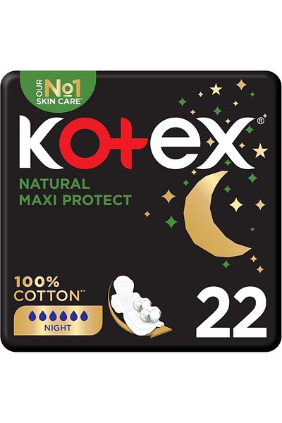 Kotex فوط صحية طبيعية سميكة ماكسي بروتيكت، 100% قطن، فوط صحية للحماية طوال الليل مع جناح