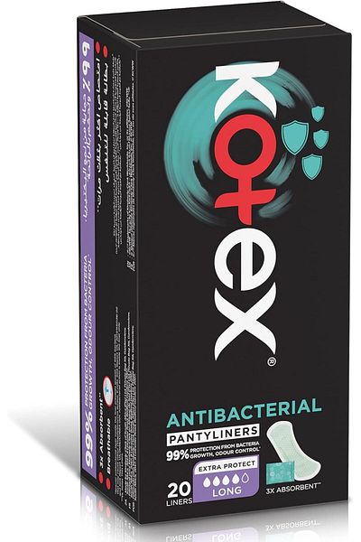 Kotex Antibacterial Panty Liners, 99% Protection from Bacteria Growth, Long Size, 20 Daily Panty Lin