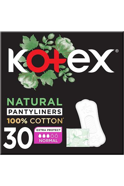 Kotex Natural Panty Liners, 100% Cotton, Normal Size, 30 Daily Panty Liners