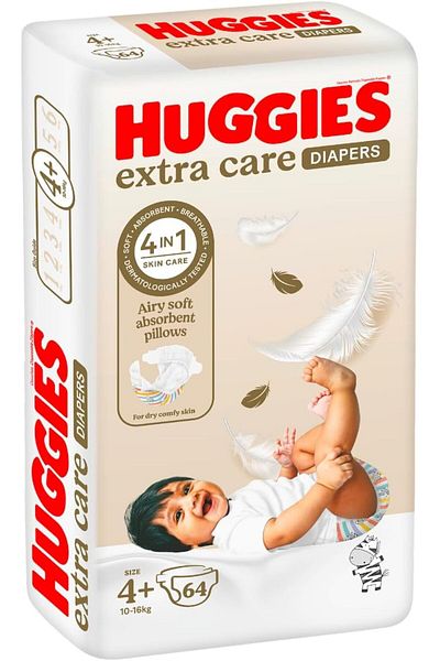 Huggies Huggies Extra Care, Size 4+, 10-16 kg, Jumbo Pack, 64 Diapers