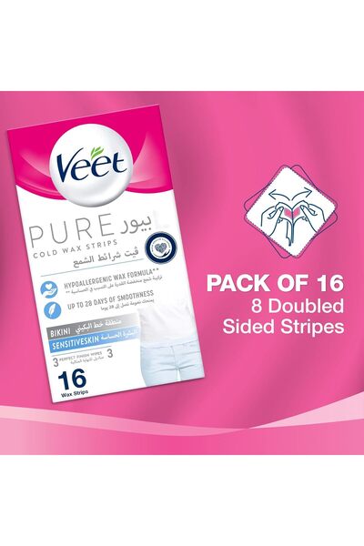 Veet Pure Cold Wax Strips for Bikini, Hypoallergenic Formula Sensitive Skin, Up to 28 Days of Smooth