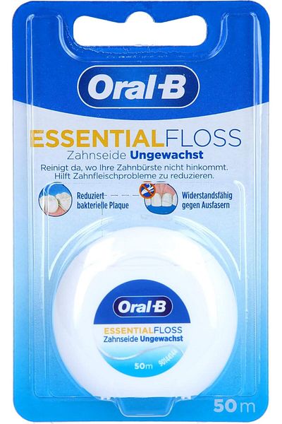Oral-B خيط تنظيف الأسنان أورال بي إسينشال، خيط تنظيف أسنان غير مشمع مقاوم للتمزق، 50 متر، 1 قطعة