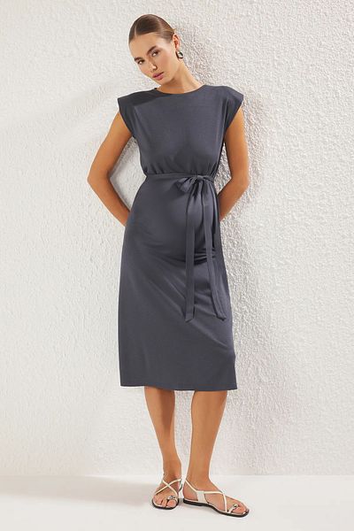 Trendyol Collection Crew Neck Anthracite Maxi Knitted Dress - Straight Padded, Shift Cut Twoss25El00329