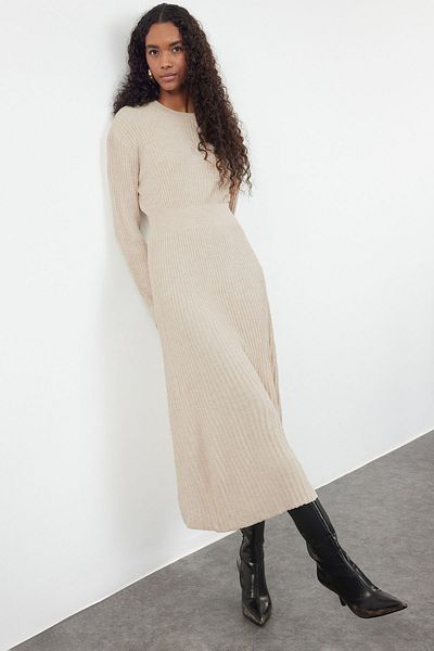 Trendyol Modest Πλεκτό Φόρεμα Πέτρινο Πλισέ TCTAW25EB00053