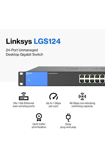 Linksys LGS124: محول جيجابت إيثرنت للأعمال غير المُدار ذو 24 منفذًا، مثبت على الرف، شبكة كمبيوتر، واي فاي