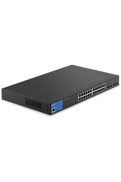 Linksys مفتاح Gigabit PoE+ مُدار بـ 24 منفذًا بقوة 250 وات مع 4 وصلات SFP بسرعة 1 جيجابت ومتوافق مع TAA LGS328PC